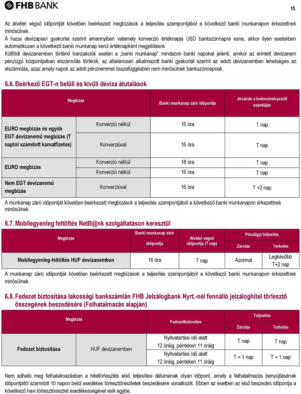 Külföldi devizanemben történő tranzakciók esetén a banki munkanap mindazon banki napokat jelenti, amikor az érintett devizanem pénzügyi központjaiban elszámolás történik, az általánosan alkalmazott