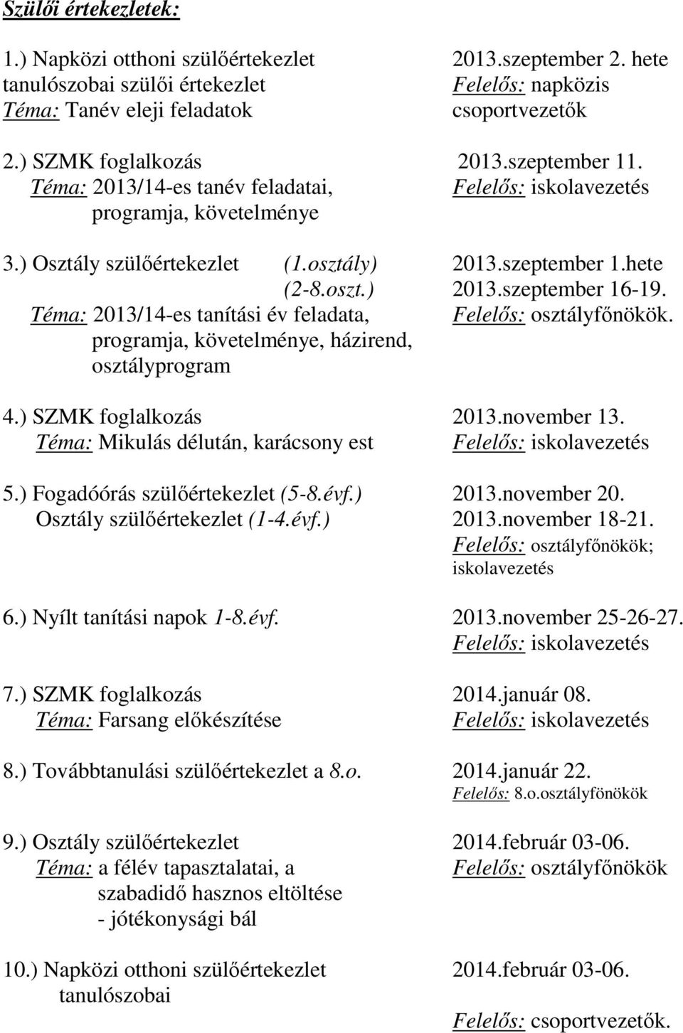 Téma: 2013/14-es tanítási év feladata,. programja, követelménye, házirend, osztályprogram 4.) SZMK foglalkozás 2013.november 13. Téma: Mikulás délután, karácsony est 5.