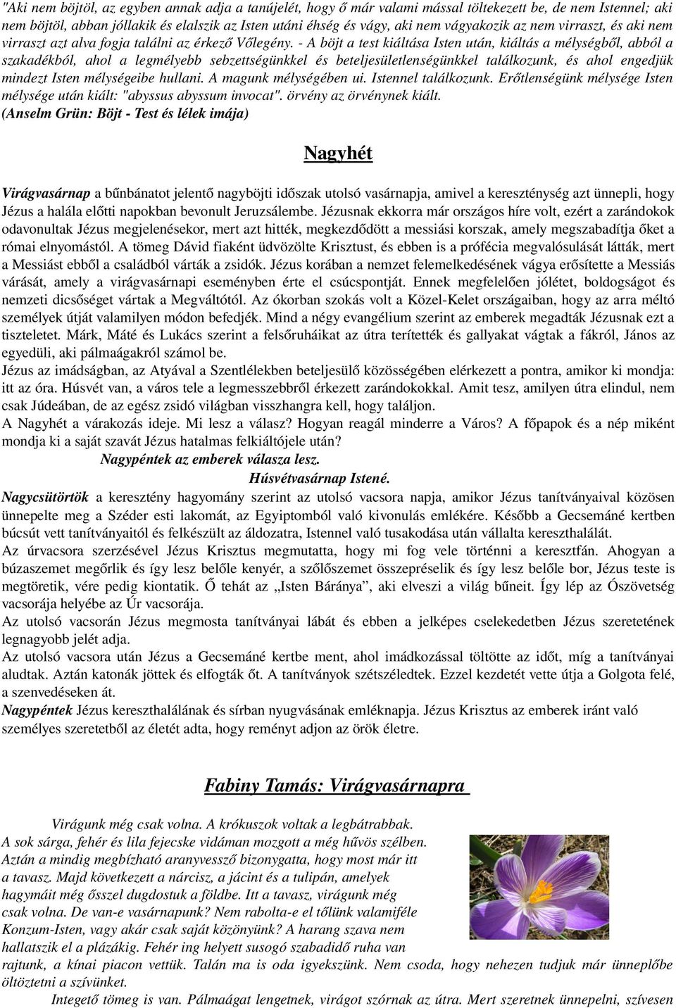 A böjt a test kiáltása Isten után, kiáltás a mélységből, abból a szakadékból, ahol a legmélyebb sebzettségünkkel és beteljesületlenségünkkel találkozunk, és ahol engedjük mindezt Isten mélységeibe