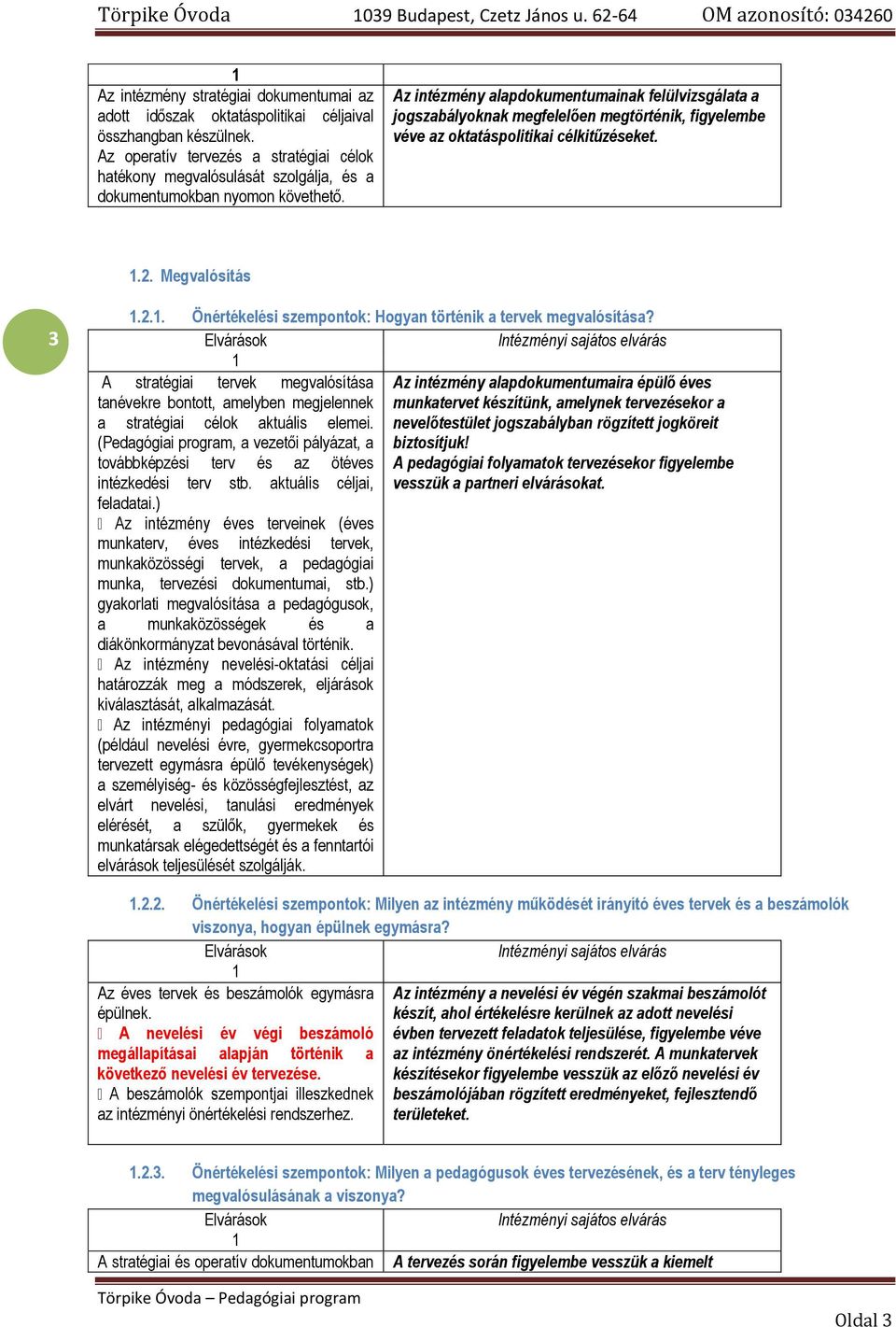 Az intézmény alapdokumentumainak felülvizsgálata a jogszabályoknak megfelelően megtörténik, figyelembe véve az oktatáspolitikai célkitűzéseket... Megvalósítás 3.