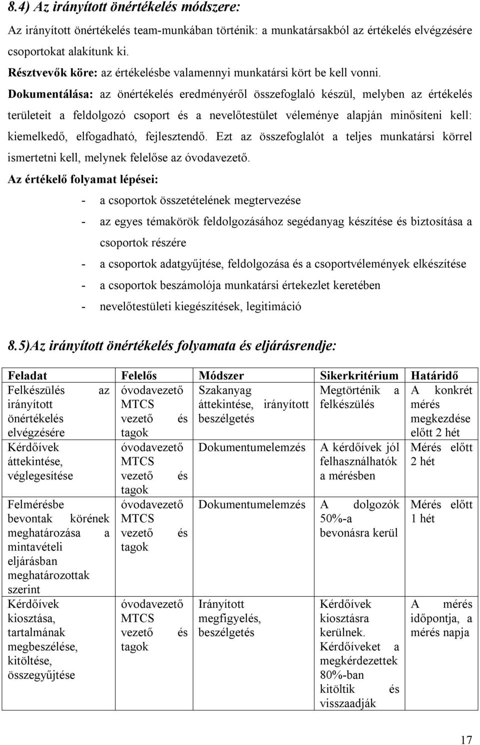 Dokumentálása: az önértékelés eredményéről összefoglaló készül, melyben az értékelés területeit a feldolgozó csoport és a nevelőtestület véleménye alapján minősíteni kell: kiemelkedő, elfogadható,