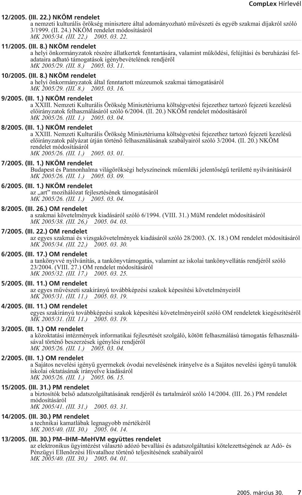 ) 2005. 03. 11. 10/2005. (III. 8.) NKÖM rendelet a helyi önkormányzatok által fenntartott múzeumok szakmai támogatásáról MK 2005/29. (III. 8.) 2005. 03. 16. 9/2005. (III. 1.) NKÖM rendelet a XXIII.