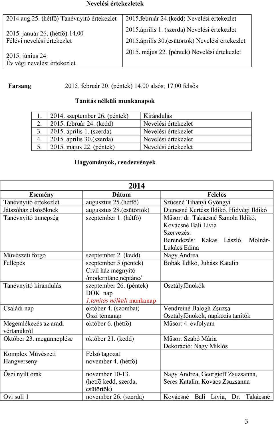 (szerda) 4. 2015. április 30.(szerda) 5. 2015. május 22. (péntek) Hagyományok, rendezvények 2014 Esemény Dátum Felelős Tanévnyitó értekezlet augusztus 25.