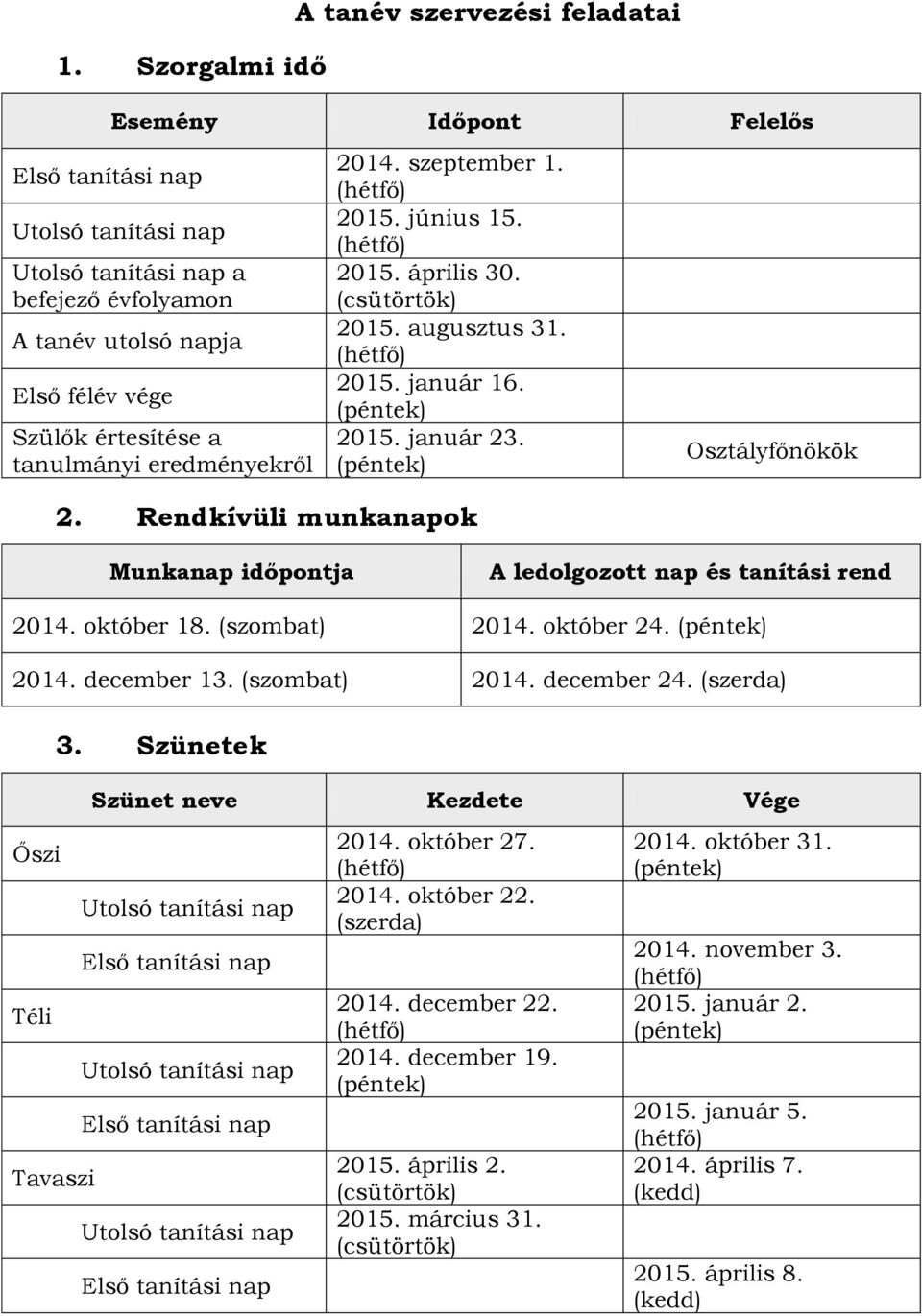 Rendkívüli munkanapok Munkanap időpontja A ledolgozott nap és tanítási rend 2014. október 18. (szombat) 2014. október 24. 2014. december 13. (szombat) 2014. december 24.