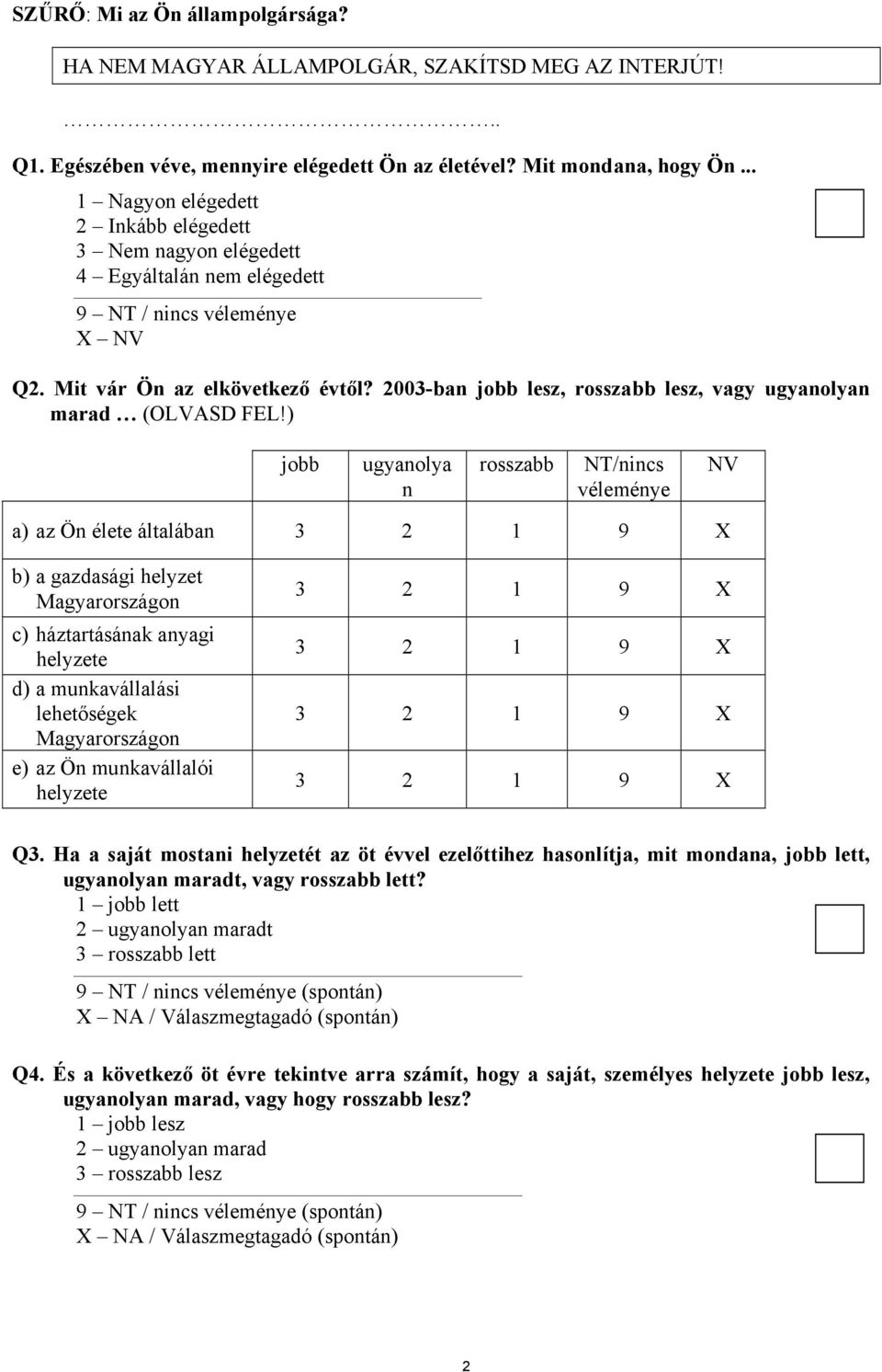 ) jobb ugyanolya n rosszabb NT/nincs véleménye NV a) az Ön élete általában 3 2 1 9 X b) a gazdasági helyzet Magyarországon c) háztartásának anyagi helyzete d) a munkavállalási lehetőségek