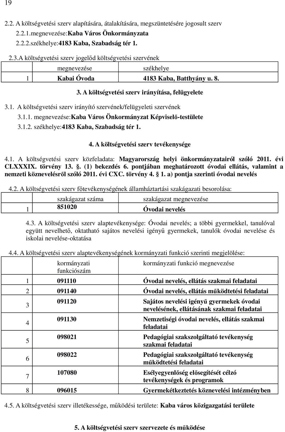 1.1. megnevezése:kaba Város Önkormányzat Képviselő-testülete 3.1.2. székhelye:4183 Kaba, Szabadság tér 1. 4. A költségvetési szerv tevékenysége 4.1. A költségvetési szerv közfeladata: Magyarország helyi önkormányzatairól szóló 2011.