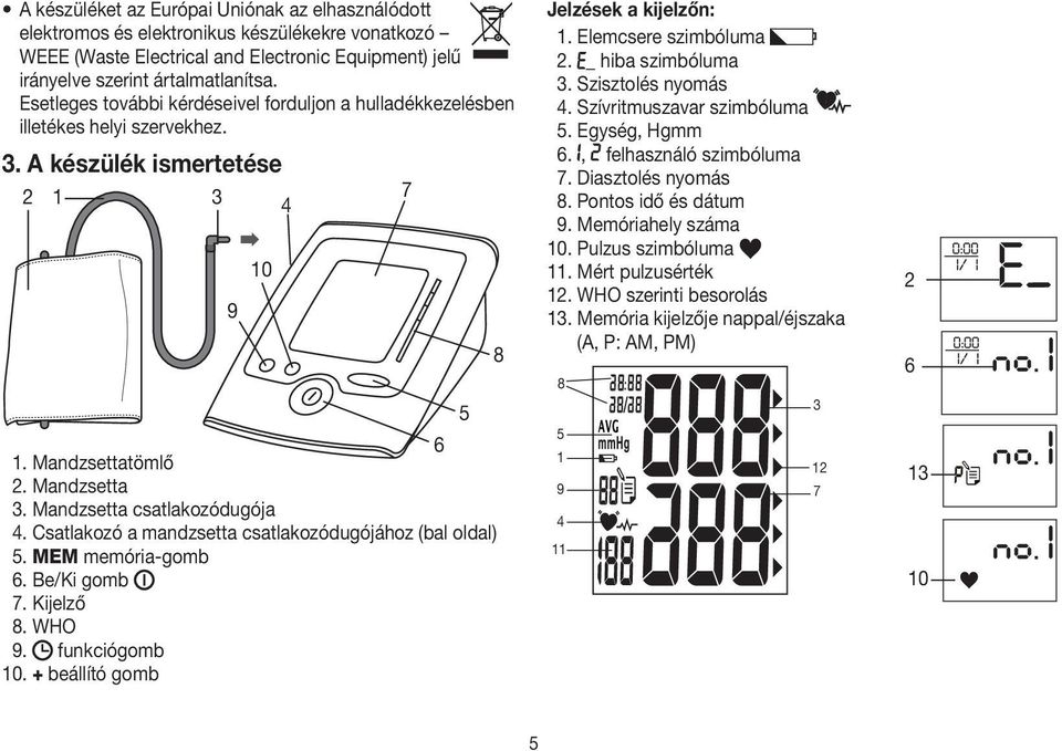 Csatlakozó a mandzsetta csatlakozódugójához (bal oldal) 5. MEM memória-gomb 6. Be/Ki gomb 7. Kijelző 8. WHO 9. funkciógomb 10. + beállító gomb 10 8 Jelzések a kijelzőn: 1. Elemcsere szimbóluma 2.