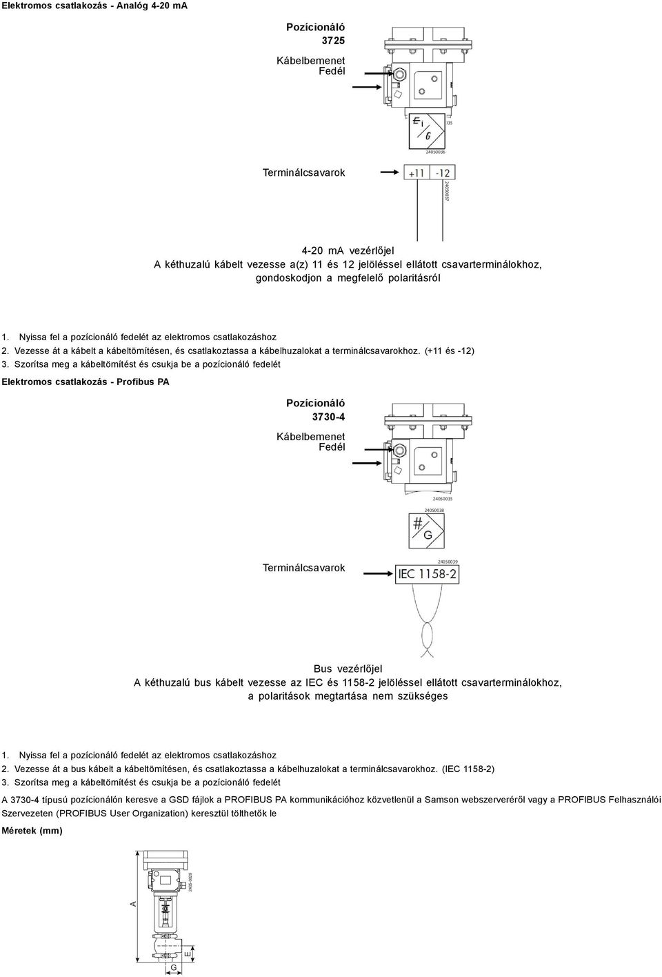 terminálcsavarokhoz (+11 és -12) 3 Szorítsa meg a kábeltömítést és csukja be a pozícionáló fedelét Elektromos csatlakozás - Profibus PA Pozícionáló 3730-4 Kábelbemenet Fedél 24050035 24050038