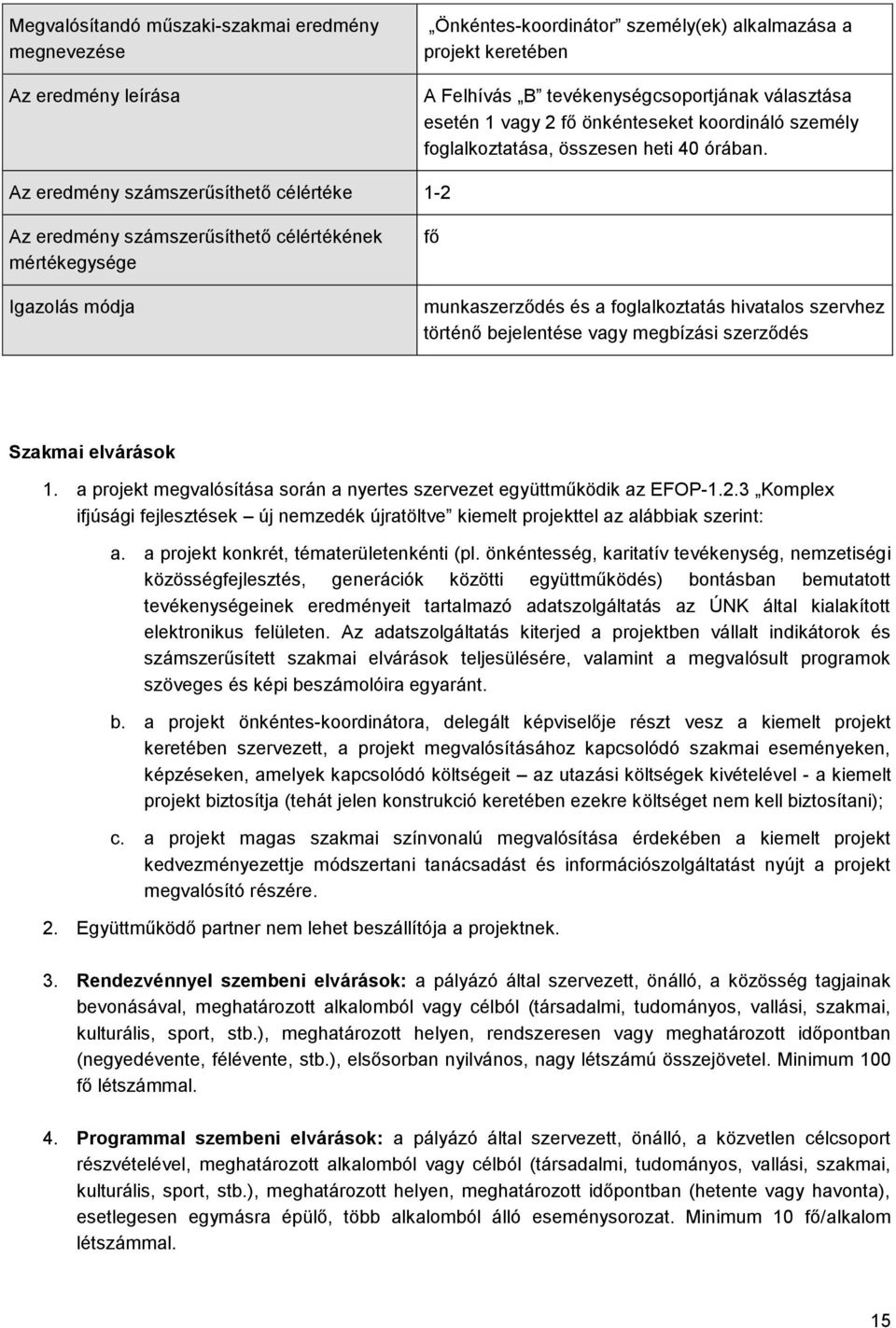 Az eredmény számszerűsíthető célértéke 1-2 Az eredmény számszerűsíthető célértékének mértékegysége Igazolás módja fő munkaszerződés és a foglalkoztatás hivatalos szervhez történő bejelentése vagy