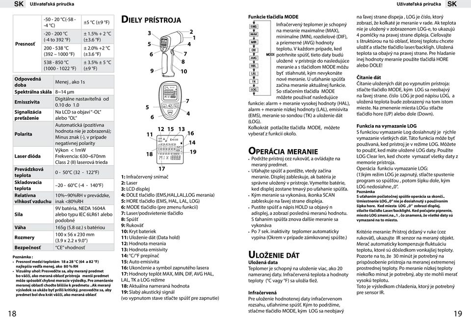 0 Signalizácia preťaženie Na LCD sa objaví -OL alebo OL Automatická (pozitívna Polarita hodnota nie je zobrazená); Minus znak (-), v prípade negatívnej polarity Výkon < 1mW Laser dióda Frekvencia:
