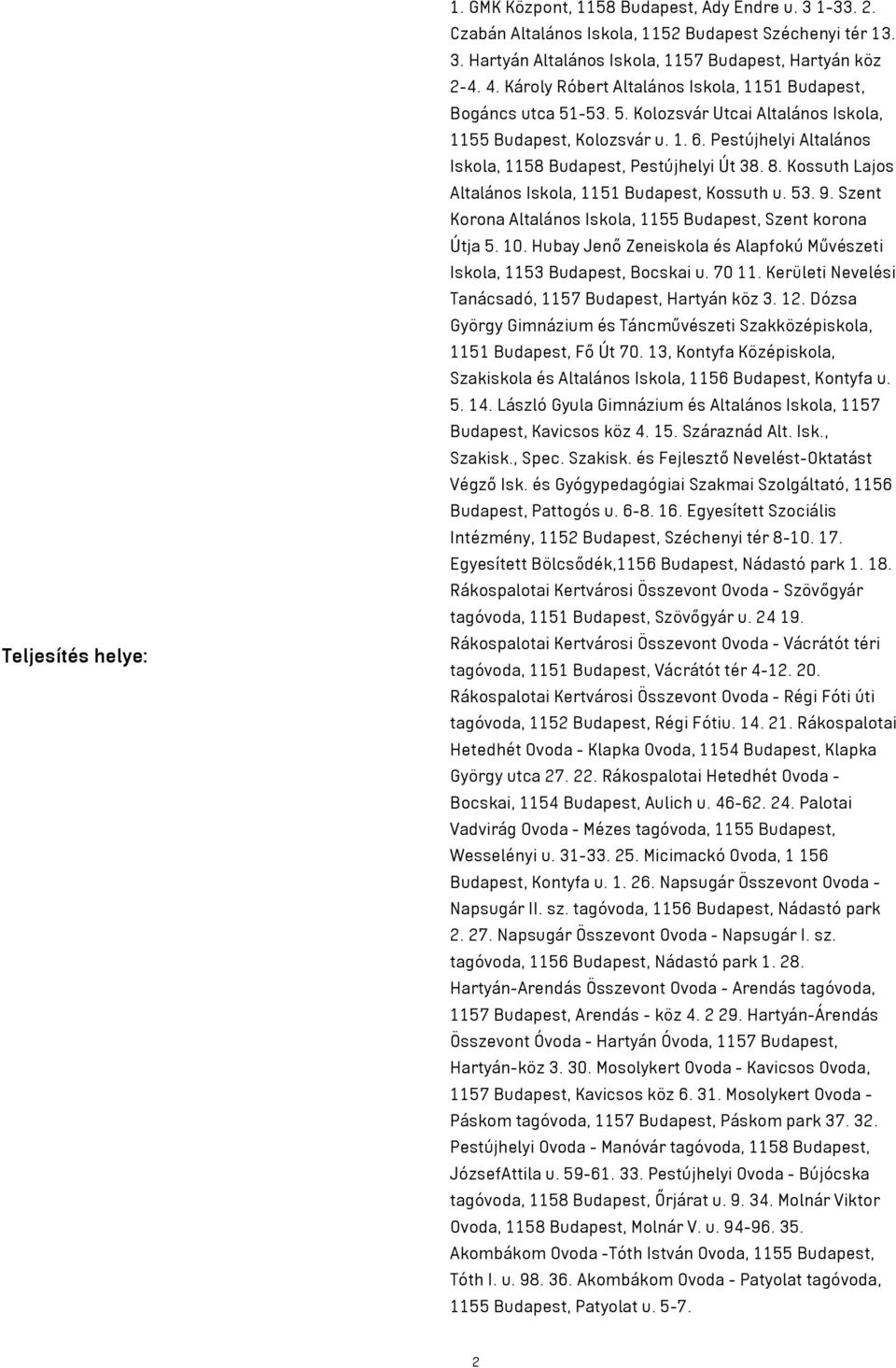 Pestújhelyi Altalános Iskola, 1158 Budapest, Pestújhelyi Út 38. 8. Kossuth Lajos Altalános Iskola, 1151 Budapest, Kossuth u. 53. 9. Szent Korona Altalános Iskola, 1155 Budapest, Szent korona Útja 5.