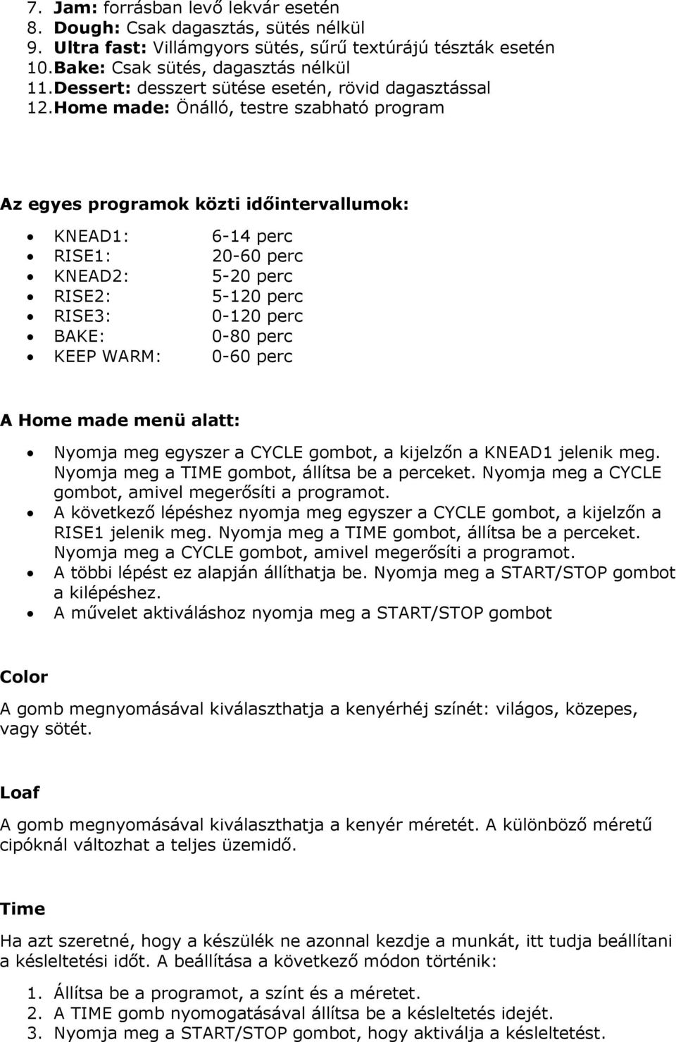 Home made: Önálló, testre szabható program Az egyes programok közti időintervallumok: KNEAD1: 6-14 perc RISE1: 20-60 perc KNEAD2: 5-20 perc RISE2: 5-120 perc RISE3: 0-120 perc BAKE: 0-80 perc KEEP