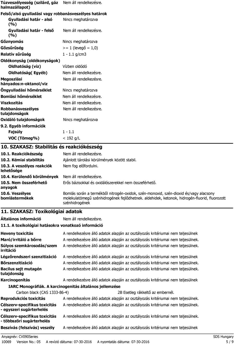 Oxidáló tulajdonságok 9.2. Egyéb információk Fajsúly 1 1.1 VOC (Tömeg%) 1 1.1 g/cm3 Vízben oldódó < 192 g/l 10. SZAKASZ: Stabilitás és reakciókészség 10.1. Reakciókészség 10.2. Kémiai stabilitás Ajánlott tárolási körülmények között stabil.