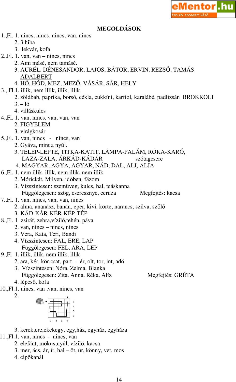 van, nincs, van, van, van 2. FIGYELEM 3. virágkosár 5.,Fl. 1. van, nincs - nincs, van 2. Gyáva, mint a nyúl. 3. TELEP-LEPTE, TITKA-KATIT, LÁMPA-PALÁM, RÓKA-KARÓ, LAZA-ZALA, ÁRKÁD-KÁDÁR szótagcsere 4.