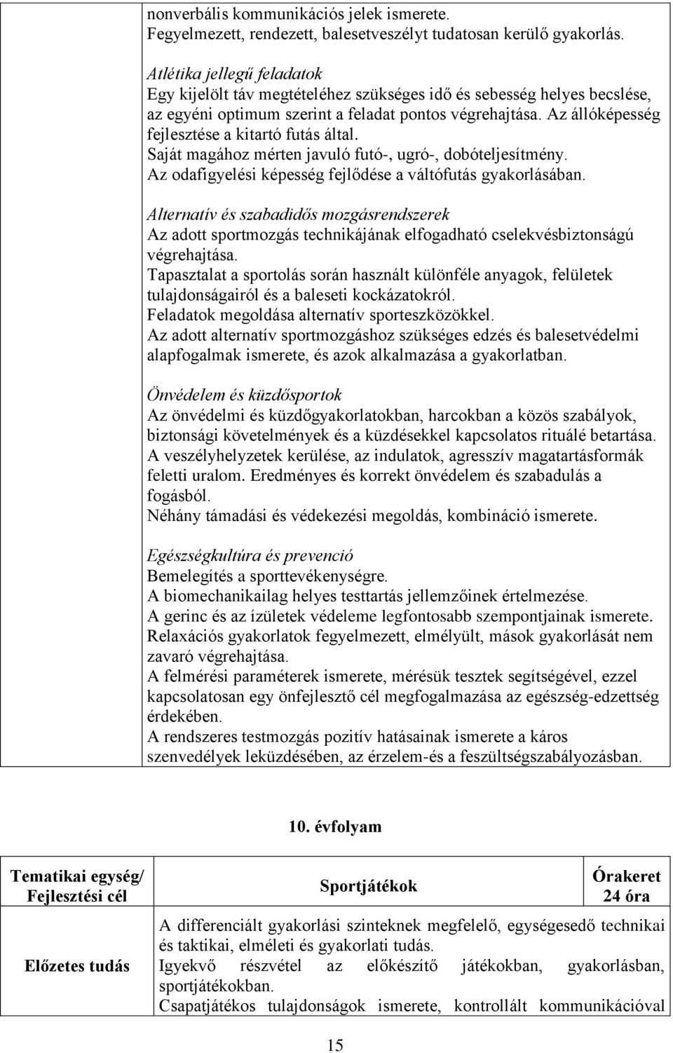 Az állóképesség fejlesztése a kitartó futás által. Saját magához mérten javuló futó-, ugró-, dobóteljesítmény. Az odafigyelési képesség fejlődése a váltófutás gyakorlásában.