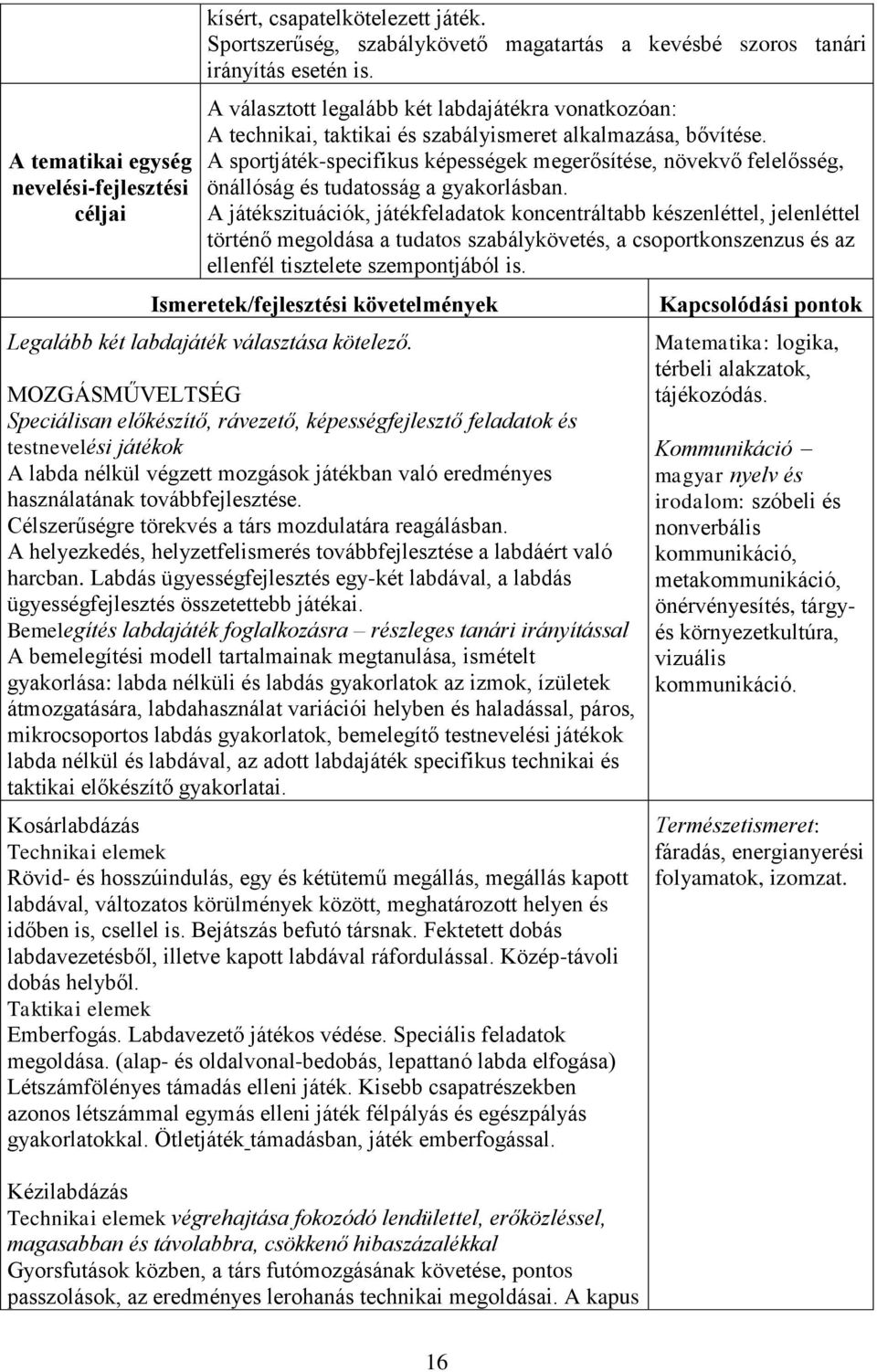 A sportjáték-specifikus képességek megerősítése, növekvő felelősség, önállóság és tudatosság a gyakorlásban.