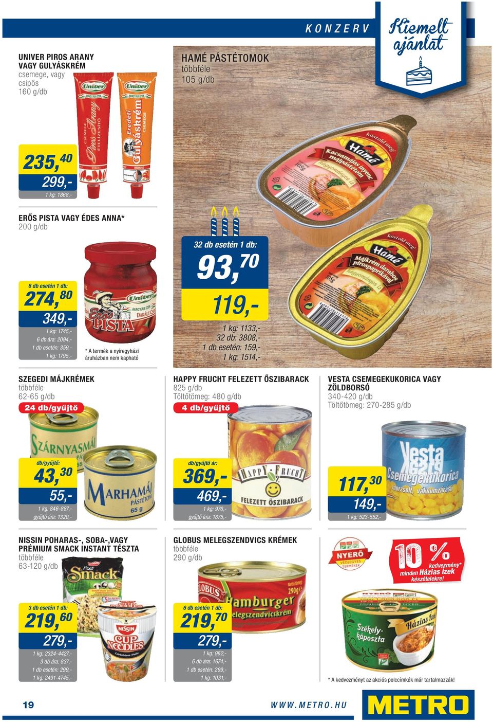 esetén: 159,- 1514,- SZEGEDI MÁJKRÉMEK 62-65 g/db 24 db/gyűjtő 4 db/gyűjtő HAPPY FRUCHT FELEZETT ŐSZIBARACK 825 g/db Töltőtömeg: 480 g/db VESTA CSEMEGEKUKORICA VAGY ZÖLDBORSÓ 340-420 g/db Töltőtömeg: