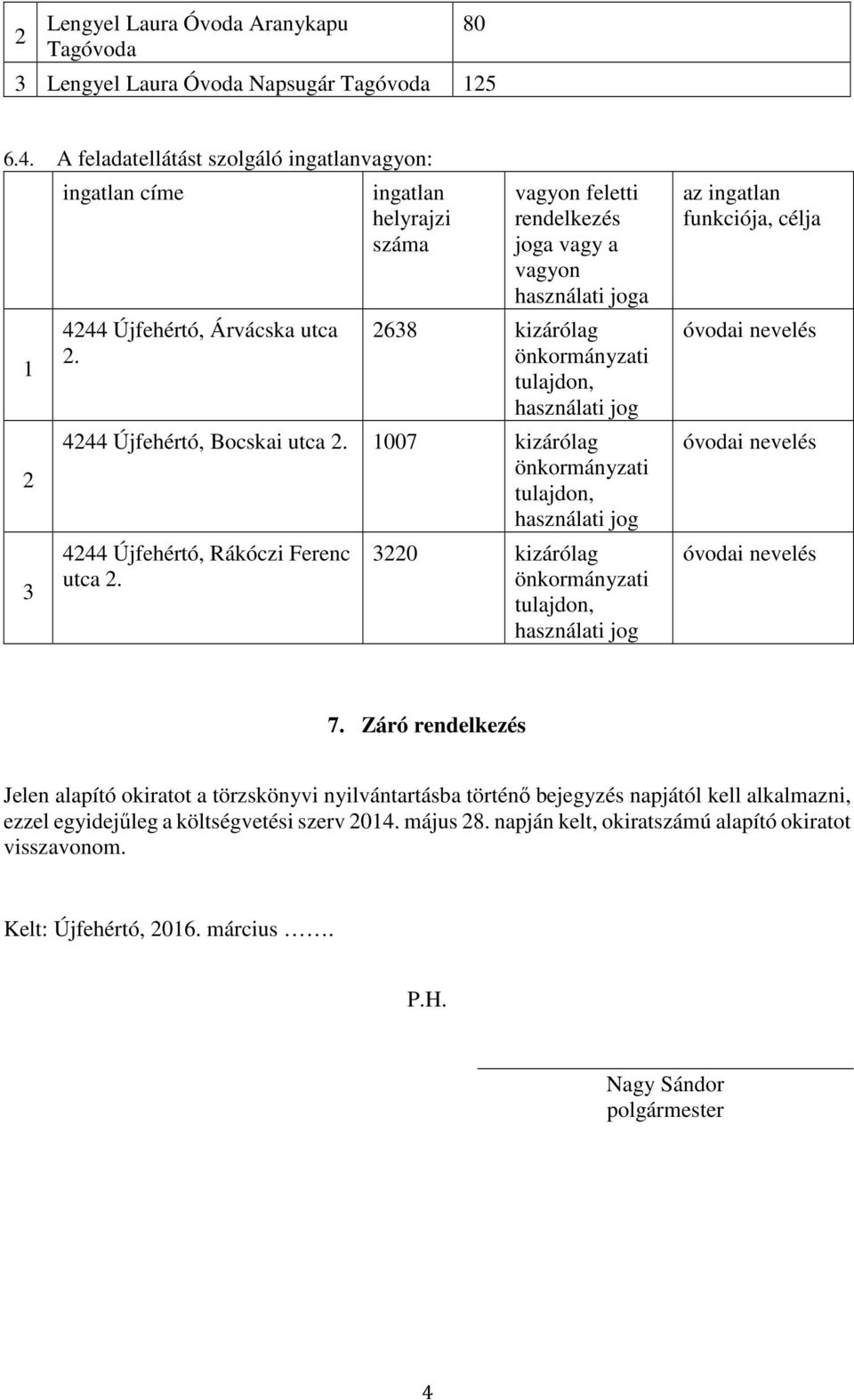 1007 kizárólag 444 Újfehértó, Rákóczi Ferenc utca. 0 kizárólag az ingatlan funkciója, célja 7.