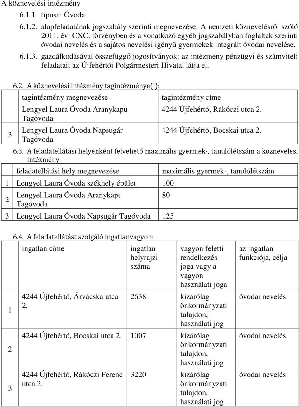 . gazdálkodásával összefüggő jogosítványok: az intézmény pénzügyi és számviteli feladatait az Újfehértói Polgármesteri Hivatal látja el. 6.