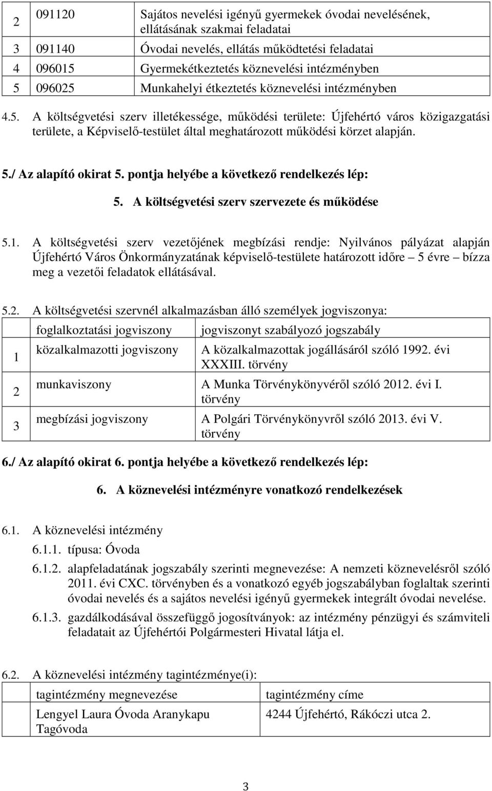 A költségvetési szerv illetékessége, működési területe: Újfehértó város közigazgatási területe, a Képviselő-testület által meghatározott működési körzet alapján. 5./ Az alapító okirat 5.