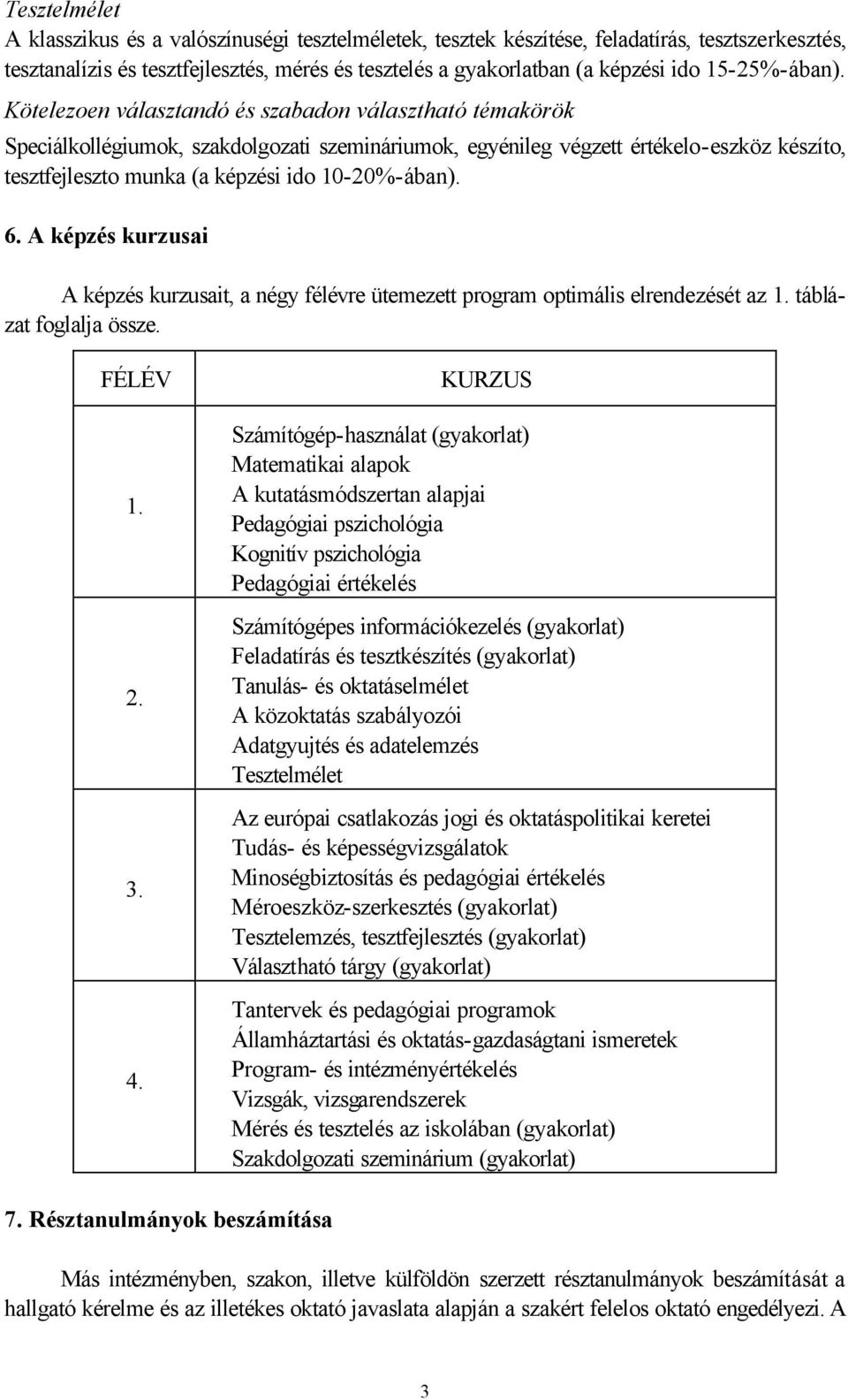 Kötelezoen választandó és szabadon választható témakörök Speciálkollégiumok, szakdolgozati szemináriumok, egyénileg végzett értékelo-eszköz készíto, tesztfejleszto munka (a képzési ido 10-20%-ában).