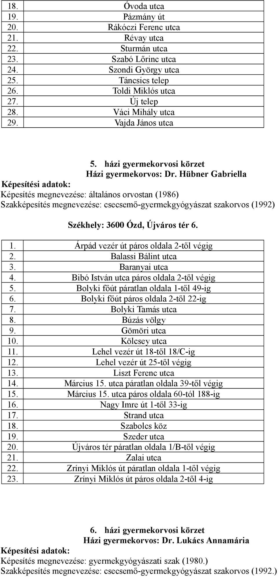 Hübner Gabriella Képesítés megnevezése: általános orvostan (1986) Szakképesítés megnevezése: csecsemő-gyermekgyógyászat szakorvos (1992) Székhely: 3600 Ózd, Újváros tér 6. 1.