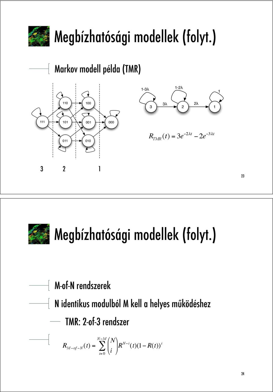 TMR (t) = 3e "2#t " 2e "3#t 3 2 1 23 ) M-of-N rendszerek N identikus modulból M