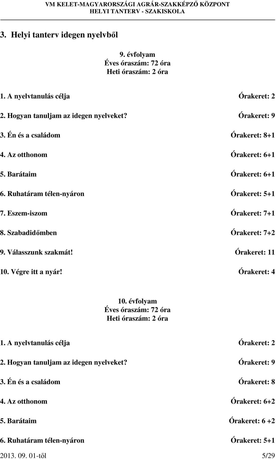 Szabadidőmben Órakeret: 7+2 9. Válasszunk szakmát! Órakeret: 11 10. Végre itt a nyár! Órakeret: 4 10. évfolyam Éves óraszám: 72 óra Heti óraszám: 2 óra 1.