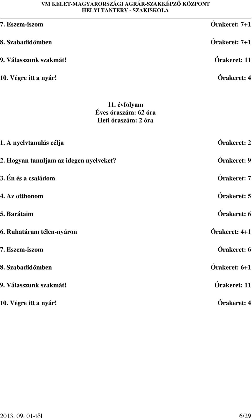 Órakeret: 9 3. Én és a családom Órakeret: 7 4. Az otthonom Órakeret: 5 5. Barátaim Órakeret: 6 6.
