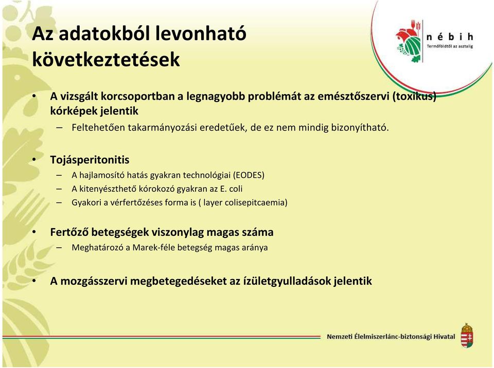Tojásperitonitis A hajlamosító hatás gyakran technológiai (EODES) A kitenyészthető kórokozó gyakran az E.