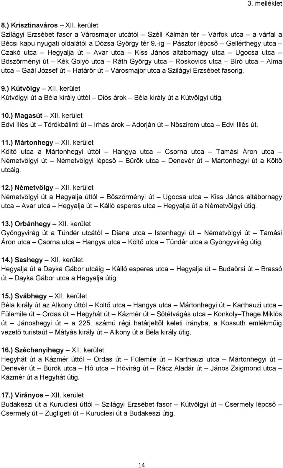 József út Határőr út Városmajor utca a Szilágyi Erzsébet fasorig. 9.) Kútvölgy XII. kerület Kútvölgyi út a Béla király úttól Diós árok Béla király út a Kútvölgyi útig. 10.) Magasút XII.