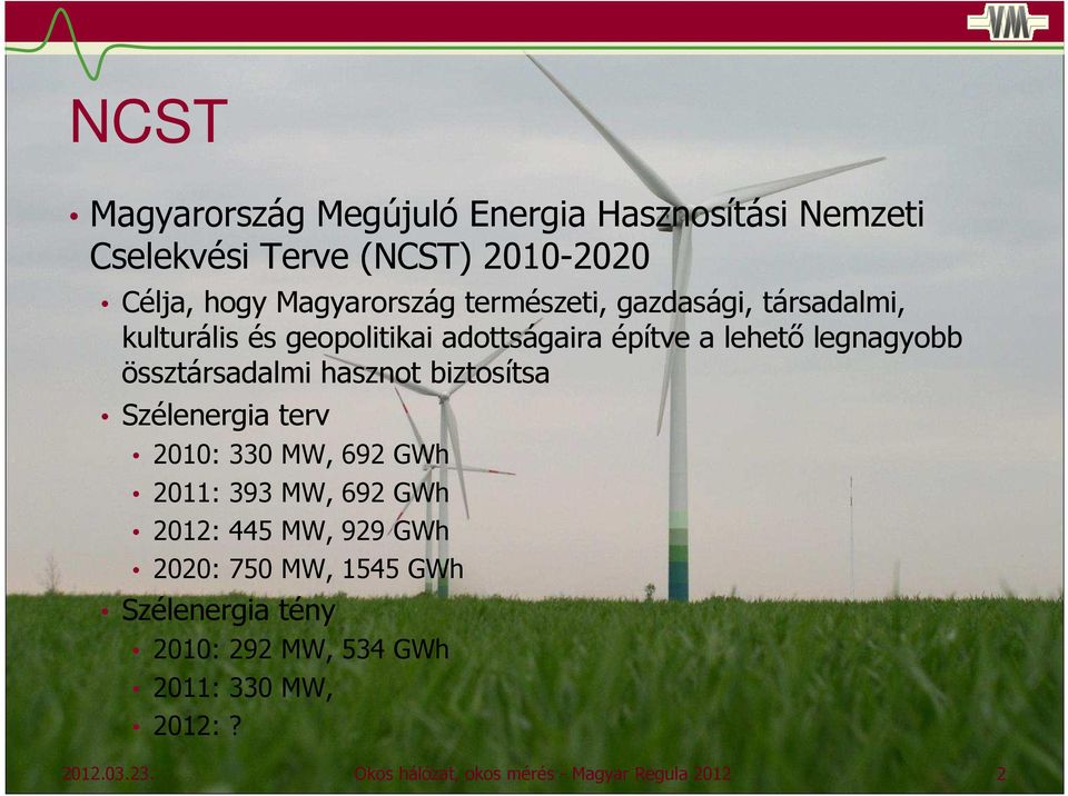 hasznot biztosítsa Szélenergia terv 2010: 330 MW, 692 GWh 2011: 393 MW, 692 GWh 2012: 445 MW, 929 GWh 2020: 750 MW,