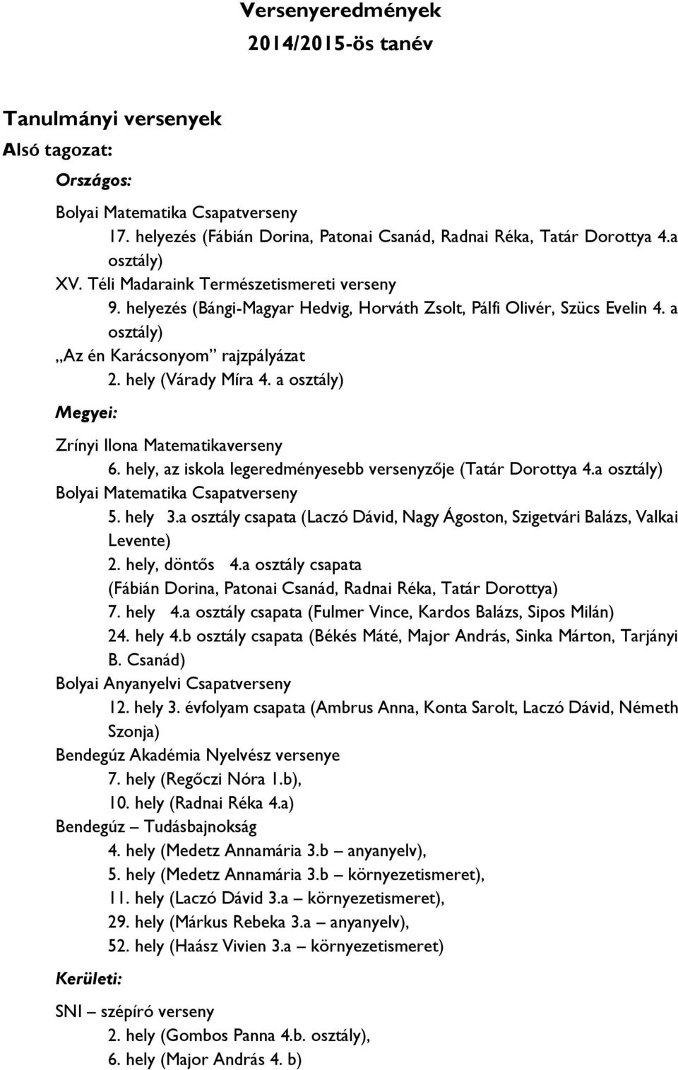 a osztály) Megyei: Zrínyi Ilona Matematikaverseny 6. hely, az iskola legeredményesebb versenyzője (Tatár Dorottya 4.a osztály) Bolyai Matematika Csapatverseny 5. hely 3.