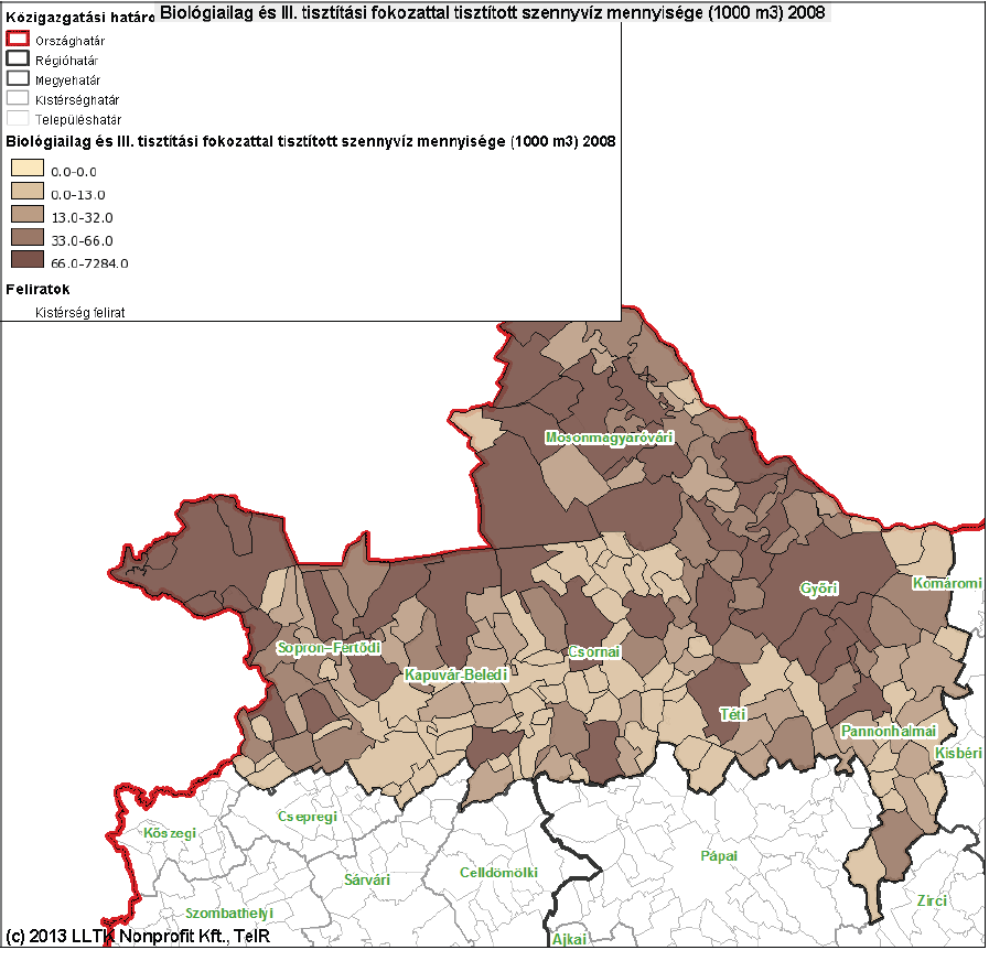 145 1.16 1. ábra. Biológiailag és III. tisztítási fokozattal tisztított szennyvíz mennyisége, 2013 (Forrás: Teir) 1.16 2. ábra. Biológiailag és III. tisztítási fokozattal tisztított szennyvíz mennyisége, 2008.