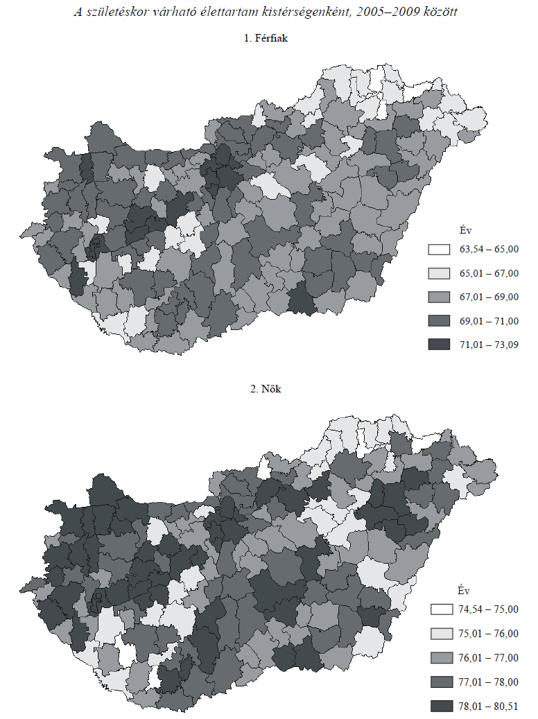 68 1.7 30. ábra. Születéskor várható élettartam Magyarország kistérségeiben, 2005-2009. (Forrás: Bálint L. A születéskor várható élettartam nemek szerinti térbeli különbségei.