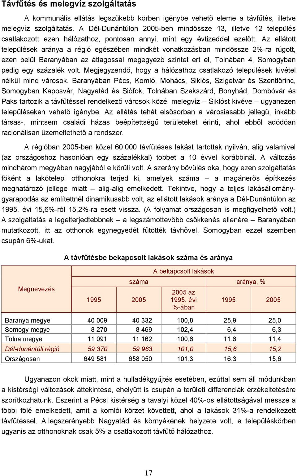 Az ellátott települések aránya a régió egészében mindkét vonatkozásban mindössze 2%-ra rúgott, ezen belül Baranyában az átlagossal megegyező szintet ért el, Tolnában 4, Somogyban pedig egy százalék
