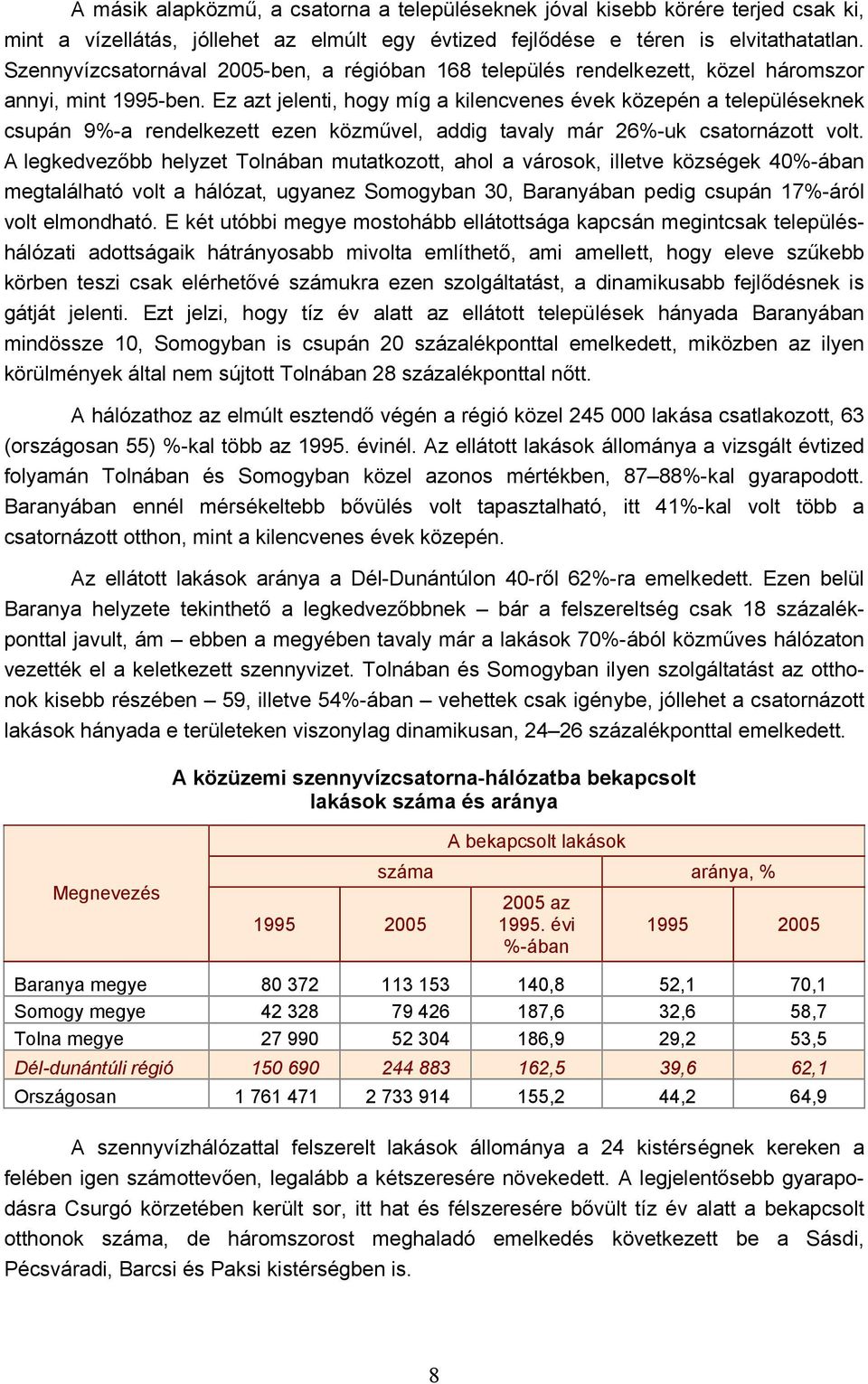 Ez azt jelenti, hogy míg a kilencvenes évek közepén a településeknek csupán 9%-a rendelkezett ezen közművel, addig tavaly már 26%-uk csatornázott volt.
