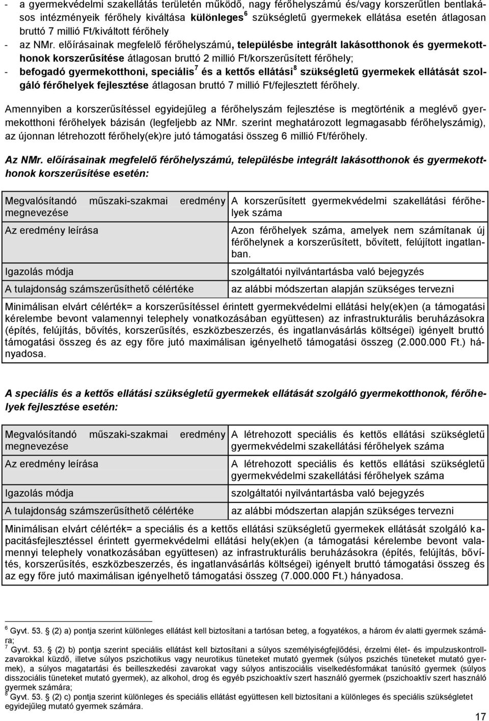 előírásainak megfelelő férőhelyszámú, településbe integrált lakásotthonok és gyermekotthonok korszerűsítése átlagosan bruttó 2 millió Ft/korszerűsített férőhely; - befogadó gyermekotthoni, speciális