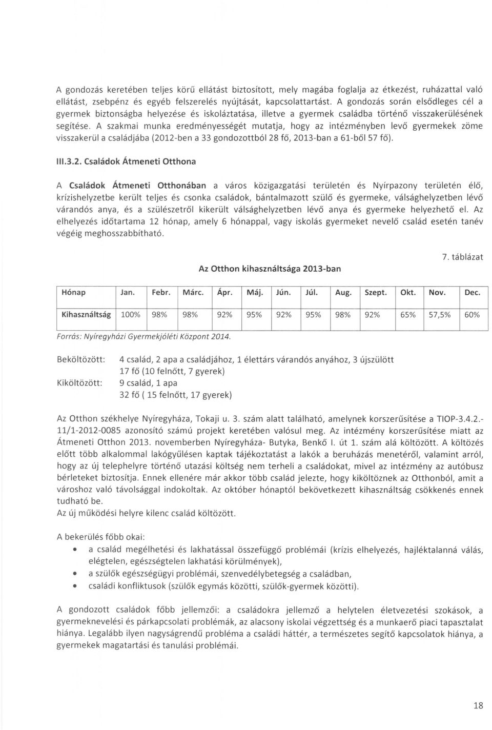 A szakmai munka eredményességét mutatja, hogy az intézményben levő gyermekek zöme visszakerül a családjába (20