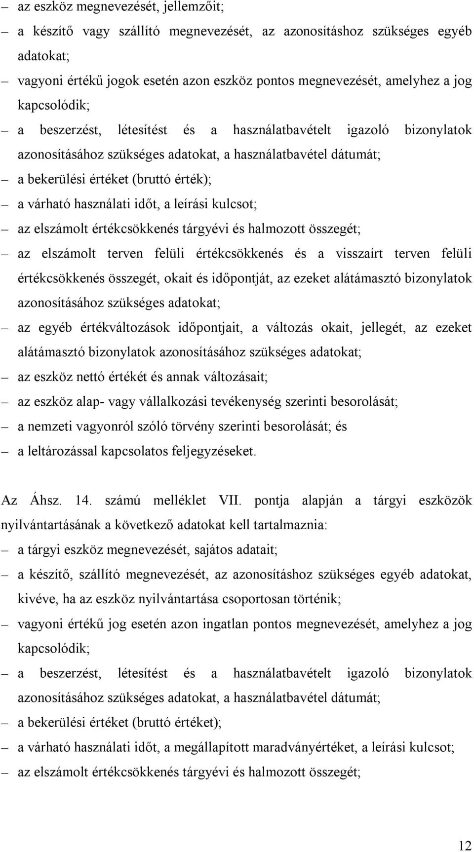 használati időt, a leírási kulcsot; az elszámolt értékcsökkenés tárgyévi és halmozott összegét; az elszámolt terven felüli értékcsökkenés és a visszaírt terven felüli értékcsökkenés összegét, okait