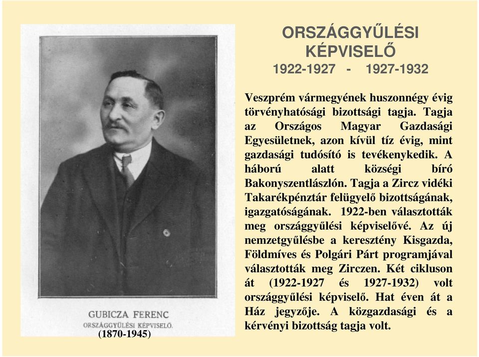 Tagja a Zircz vidéki Takarékpénztár felügyelı bizottságának, igazgatóságának. 1922-ben választották meg országgyőlési képviselıvé.