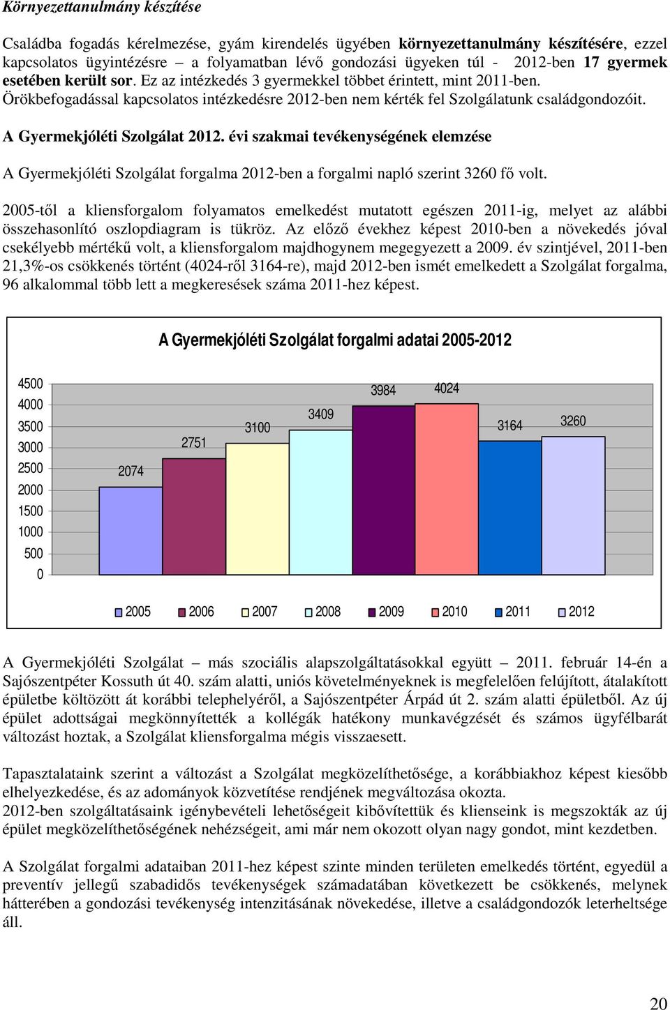 A Gyermekjóléti Szolgálat 2012. évi szakmai tevékenységének elemzése A Gyermekjóléti Szolgálat forgalma 2012-ben a forgalmi napló szerint 3260 fı volt.