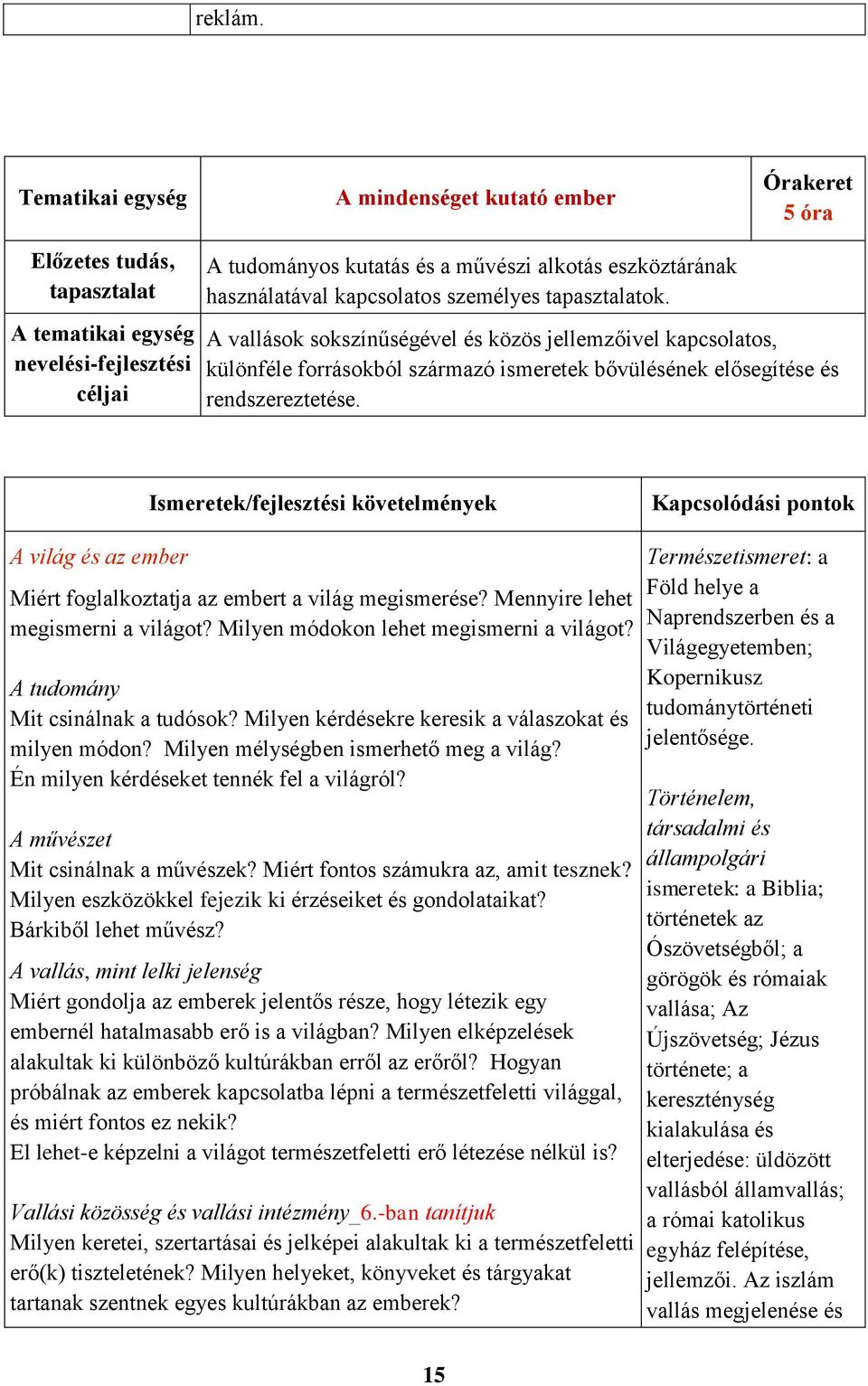 Ismeretek/fejlesztési követelmények A világ és az ember Miért foglalkoztatja az embert a világ megismerése? Mennyire lehet megismerni a világot? Milyen módokon lehet megismerni a világot?