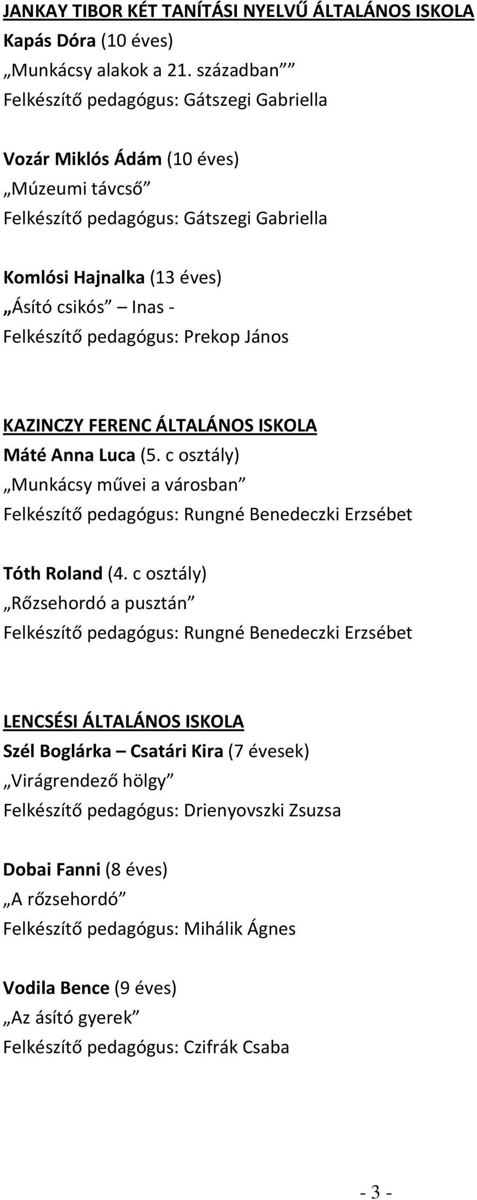 pedagógus: Prekop János KAZINCZY FERENC ÁLTALÁNOS ISKOLA Máté Anna Luca (5. c osztály) Munkácsy művei a városban Felkészítő pedagógus: Rungné Benedeczki Erzsébet Tóth Roland (4.