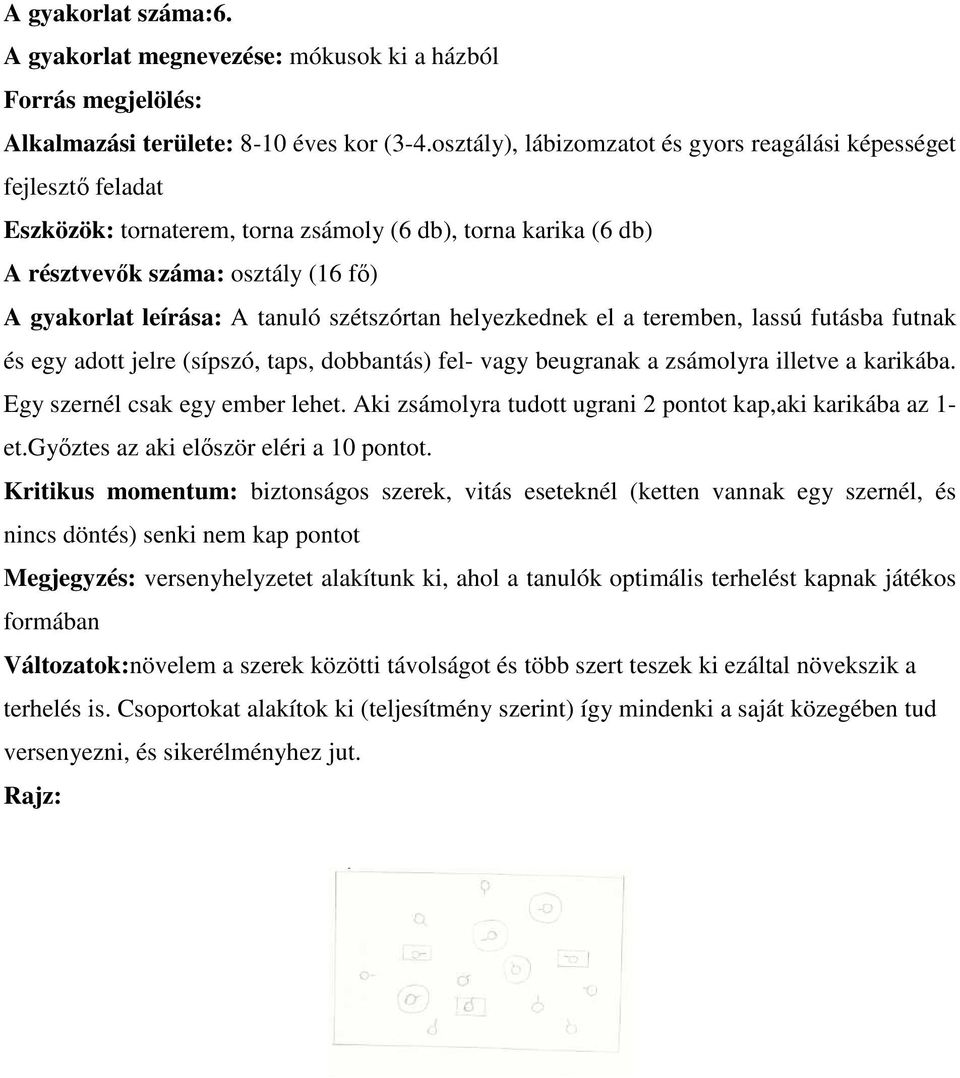 tanuló szétszórtan helyezkednek el a teremben, lassú futásba futnak és egy adott jelre (sípszó, taps, dobbantás) fel- vagy beugranak a zsámolyra illetve a karikába. Egy szernél csak egy ember lehet.
