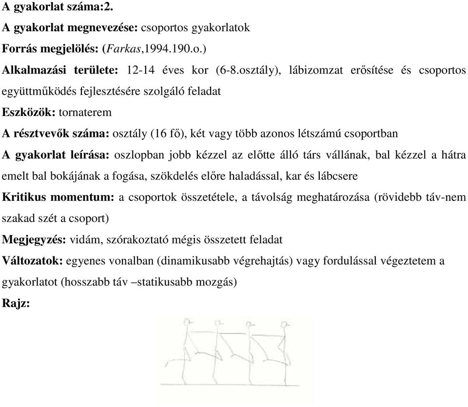 leírása: oszlopban jobb kézzel az előtte álló társ vállának, bal kézzel a hátra emelt bal bokájának a fogása, szökdelés előre haladással, kar és lábcsere Kritikus momentum: a csoportok összetétele, a