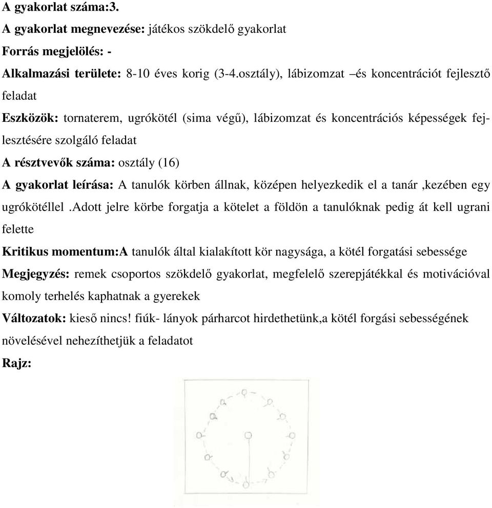 (16) A gyakorlat leírása: A tanulók körben állnak, középen helyezkedik el a tanár,kezében egy ugrókötéllel.