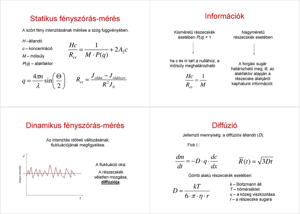 mólsúly meghatározható Hc Rex 1 = M Nagyméretű részecskék esetében A forgási sugár határozható meg, ill. az alakfaktor alapján a részecske alakjáról kaphatunk információt.