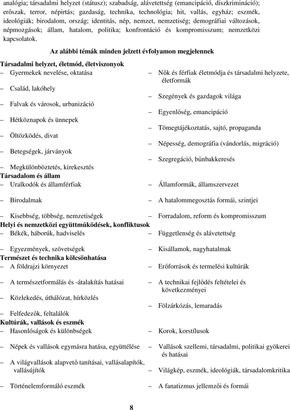 Az alábbi témák minden jelzett évfolyamon megjelennek Társadalmi helyzet, életmód, életviszonyok Gyermekek nevelése, oktatása Család, lakóhely Falvak és városok, urbanizáció Hétköznapok és ünnepek