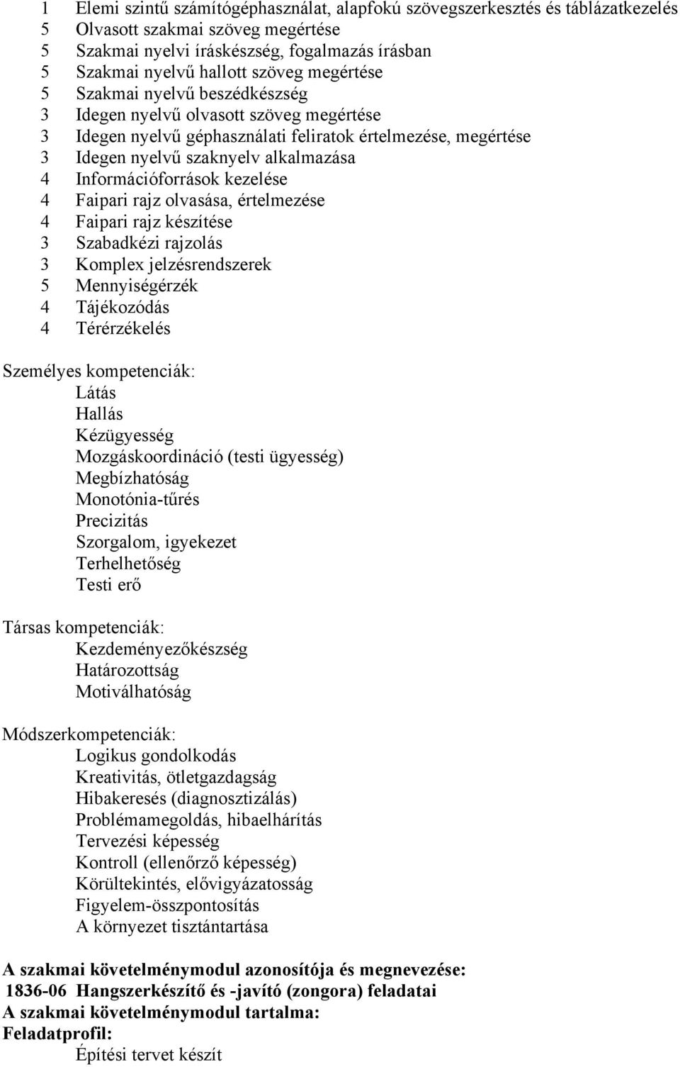 Információforrások kezelése 4 Faipari rajz olvasása, értelmezése 4 Faipari rajz készítése 3 Szabadkézi rajzolás 3 Komplex jelzésrendszerek 5 Mennyiségérzék 4 Tájékozódás 4 Térérzékelés Személyes